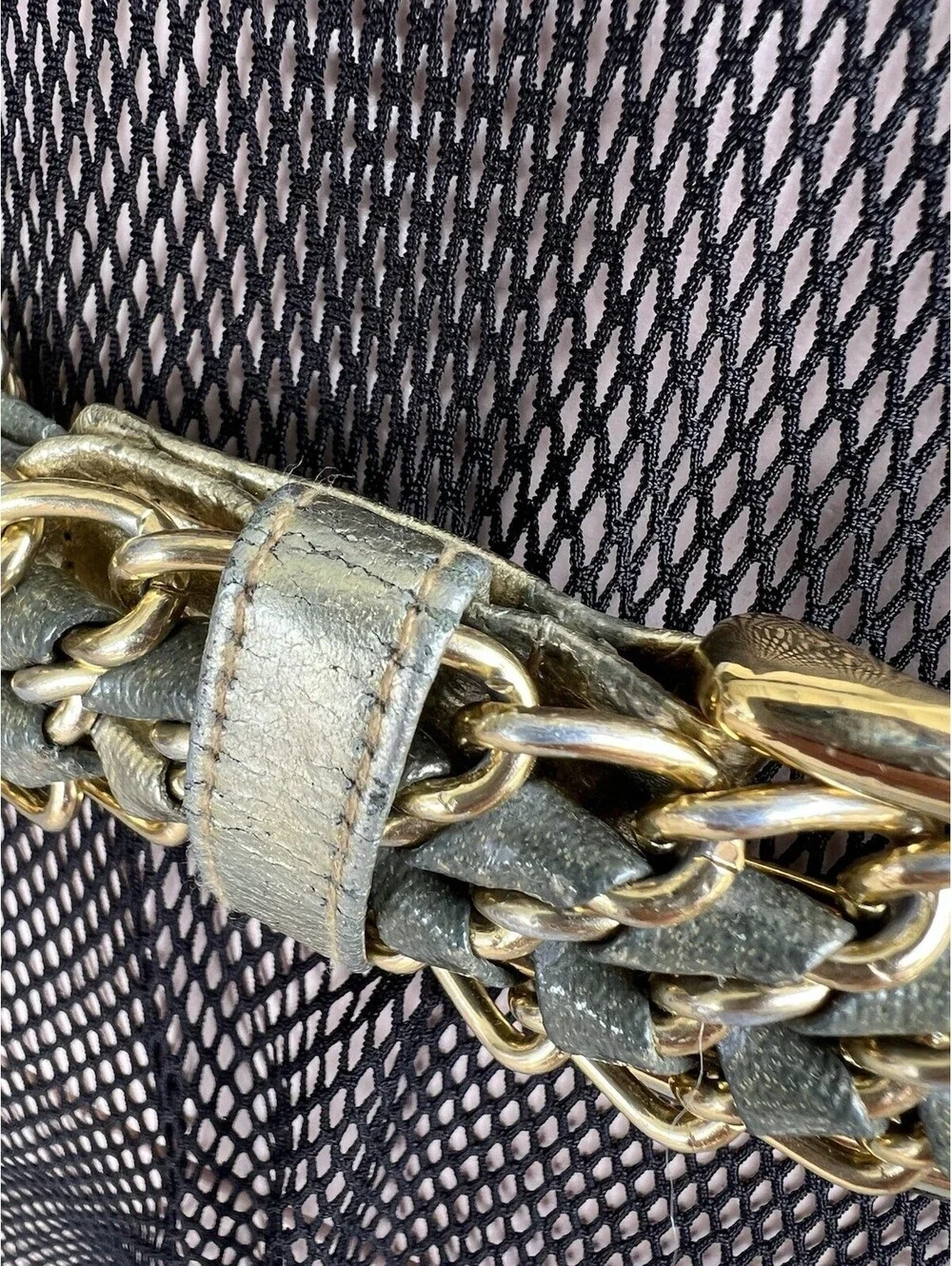 Retro Metallic Gold Green Woven Mesh Chain Belt Braided Crochet Size S/ M.